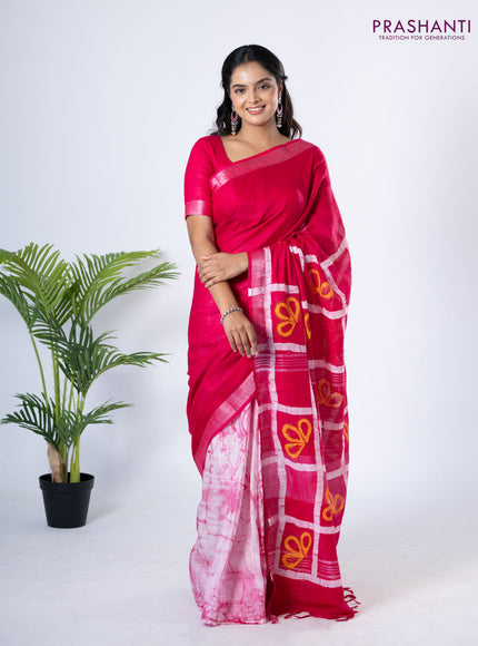 Linen cotton partly saree pink with plain body & batik prints and silver zari woven border