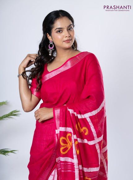 Linen cotton partly saree pink with plain body & batik prints and silver zari woven border