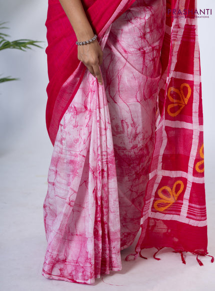 Linen cotton partly saree pink with plain body & batik prints and silver zari woven border