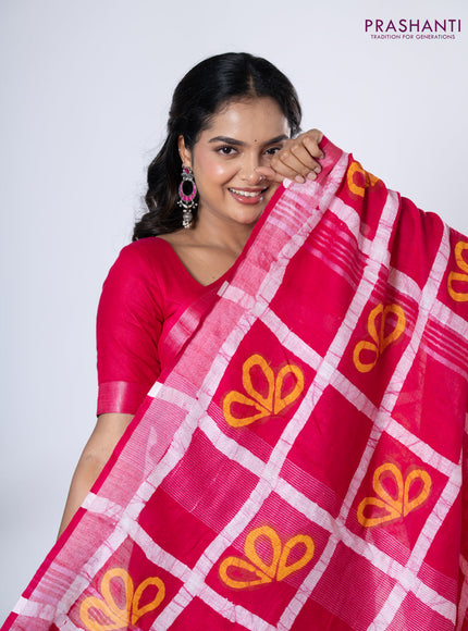 Linen cotton partly saree pink with plain body & batik prints and silver zari woven border