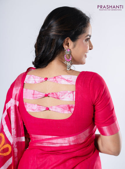 Linen cotton partly saree pink with plain body & batik prints and silver zari woven border