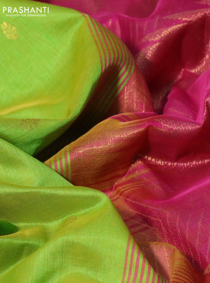 Silk cotton saree fluorescent green and pink with zari woven buttas and temple deisgn zari woven border