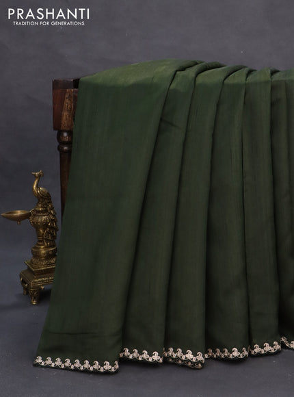 Tussar silk saree sap green with plain body and peacock deisgn embroidery work pallu
