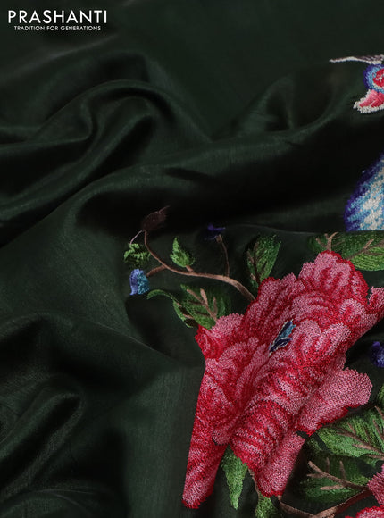 Tussar silk saree sap green with plain body and peacock deisgn embroidery work pallu