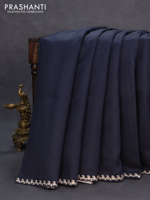 Tussar silk saree deep navy blue with plain body and peacock deisgn embroidery work pallu