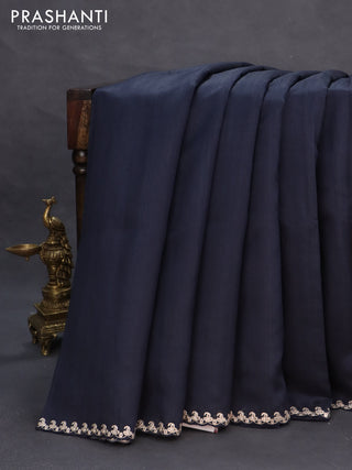 Tussar silk saree deep navy blue with plain body and peacock deisgn embroidery work pallu