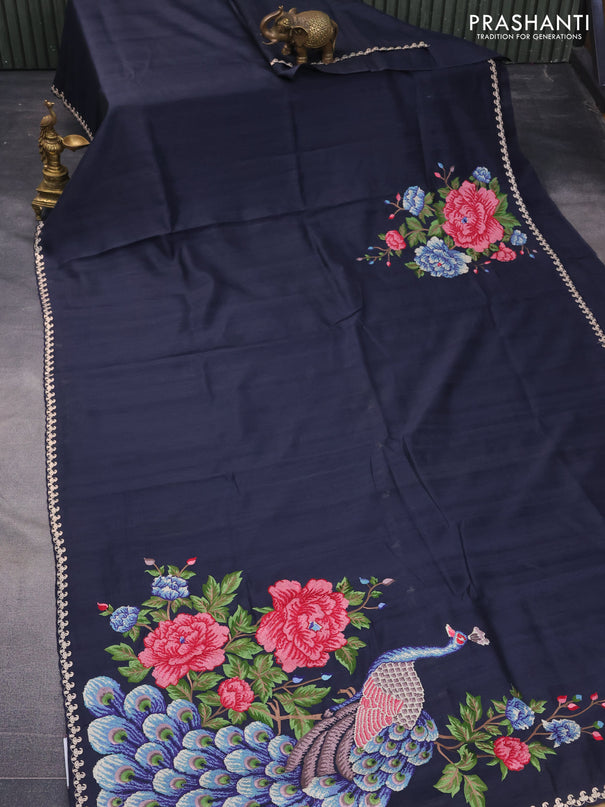 Tussar silk saree deep navy blue with plain body and peacock deisgn embroidery work pallu