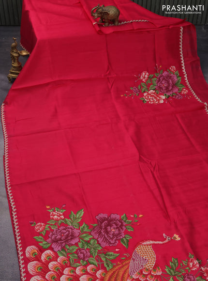 Tussar silk saree pink with plain body and peacock deisgn embroidery work pallu