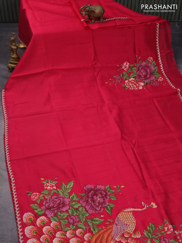 Tussar silk saree pink with plain body and peacock deisgn embroidery work pallu