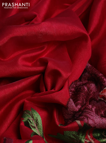 Tussar silk saree pink with plain body and peacock deisgn embroidery work pallu