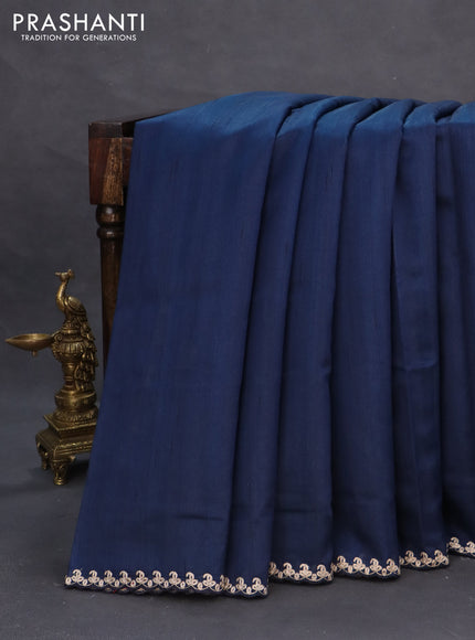 Tussar silk saree dark peacock blue with plain body and peacock deisgn embroidery work pallu