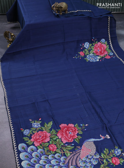 Tussar silk saree dark peacock blue with plain body and peacock deisgn embroidery work pallu