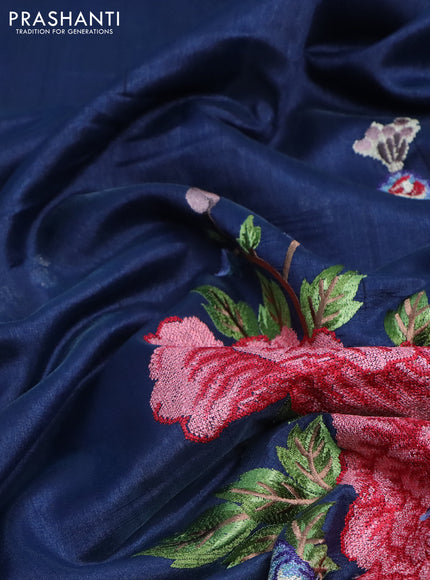 Tussar silk saree dark peacock blue with plain body and peacock deisgn embroidery work pallu