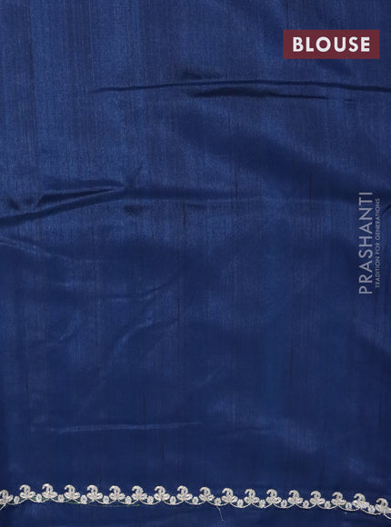 Tussar silk saree dark peacock blue with plain body and peacock deisgn embroidery work pallu