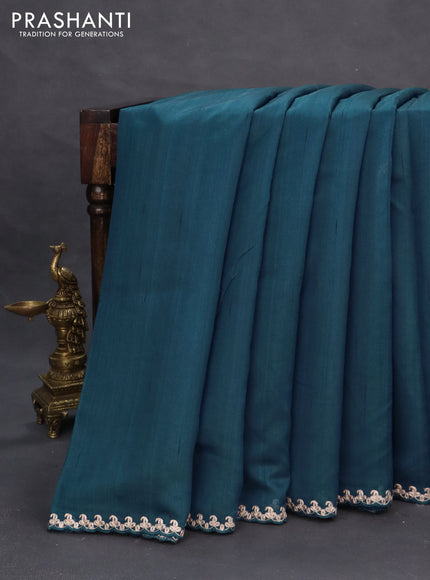Tussar silk saree peacock blue with plain body and peacock deisgn embroidery work pallu