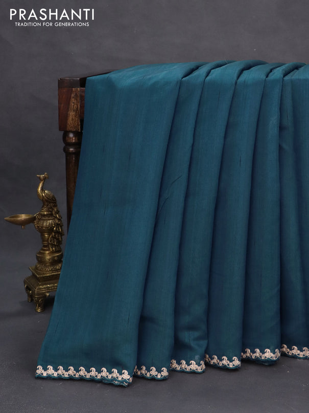 Tussar silk saree peacock blue with plain body and peacock deisgn embroidery work pallu