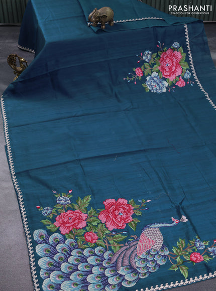 Tussar silk saree peacock blue with plain body and peacock deisgn embroidery work pallu