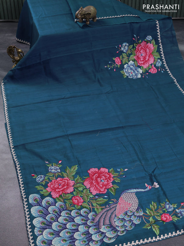 Tussar silk saree peacock blue with plain body and peacock deisgn embroidery work pallu