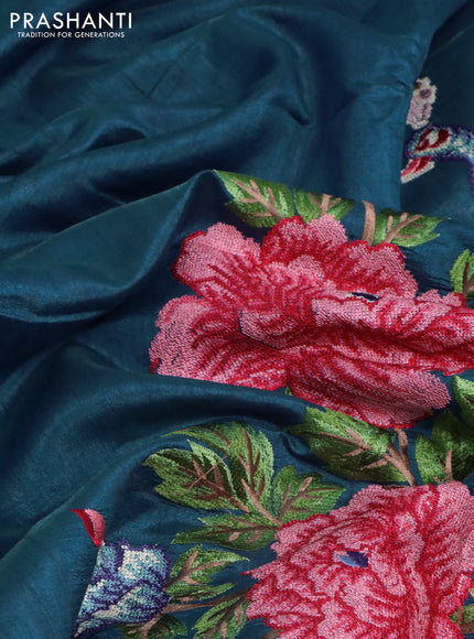 Tussar silk saree peacock blue with plain body and peacock deisgn embroidery work pallu