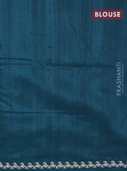 Tussar silk saree peacock blue with plain body and peacock deisgn embroidery work pallu