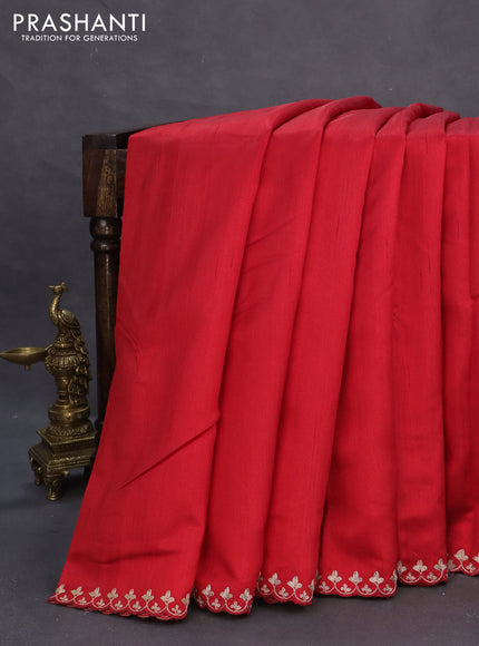 Tussar silk saree red with plain body and floral deisgn embroidery work pallu