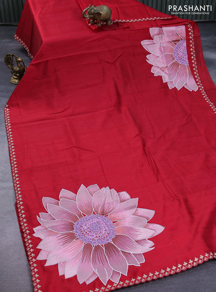 Tussar silk saree red with plain body and floral deisgn embroidery work pallu