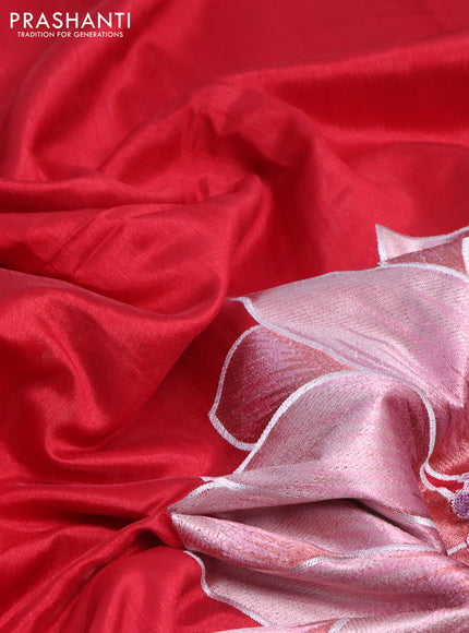 Tussar silk saree red with plain body and floral deisgn embroidery work pallu