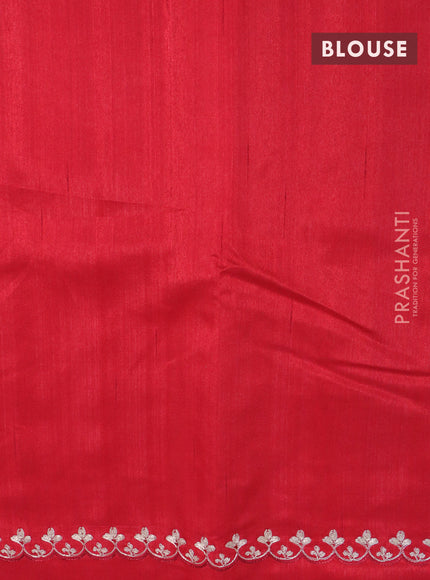 Tussar silk saree red with plain body and floral deisgn embroidery work pallu
