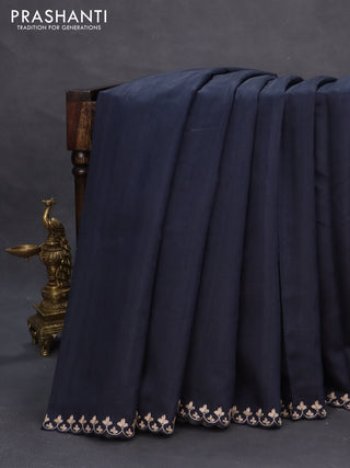 Tussar silk saree deep navy blue with plain body and floral deisgn embroidery work pallu