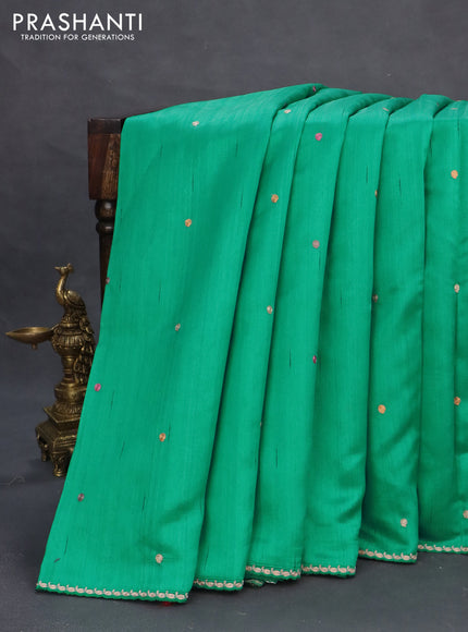 Tussar silk saree teal green shade with thread & zari woven buttas and floral deisgn embroidery work pallu