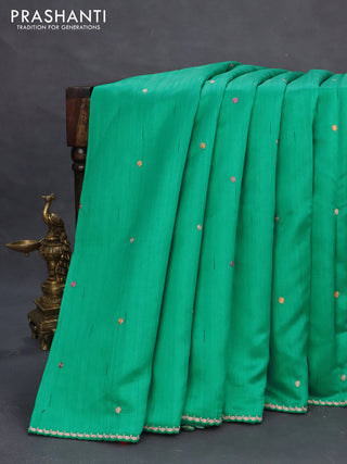 Tussar silk saree teal green shade with thread & zari woven buttas and floral deisgn embroidery work pallu
