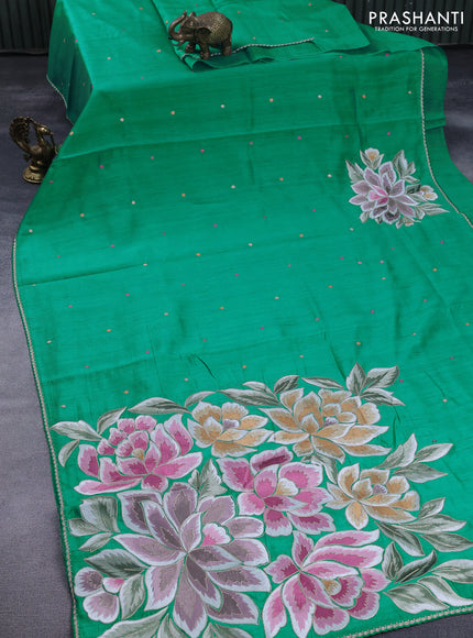Tussar silk saree teal green shade with thread & zari woven buttas and floral deisgn embroidery work pallu