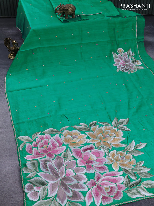 Tussar silk saree teal green shade with thread & zari woven buttas and floral deisgn embroidery work pallu