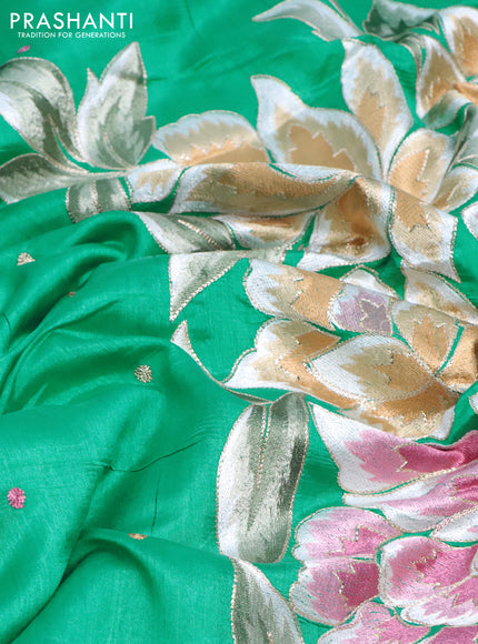 Tussar silk saree teal green shade with thread & zari woven buttas and floral deisgn embroidery work pallu