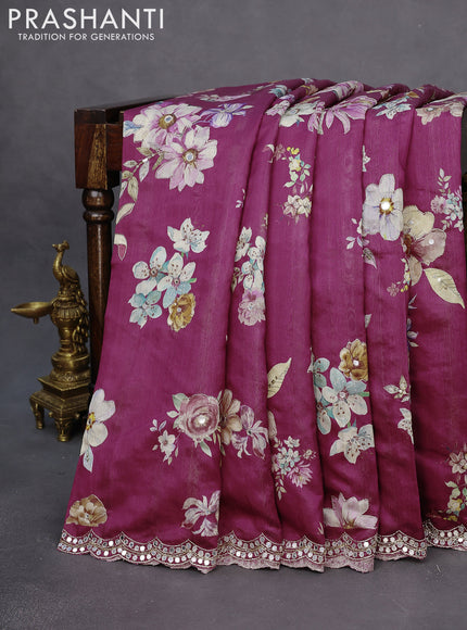 Semi tussar saree dark magenta with allover floral prints & mirror sequin work and mirror work border