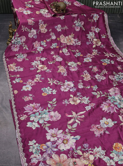 Semi tussar saree dark magenta with allover floral prints & mirror sequin work and mirror work border