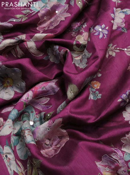 Semi tussar saree dark magenta with allover floral prints & mirror sequin work and mirror work border