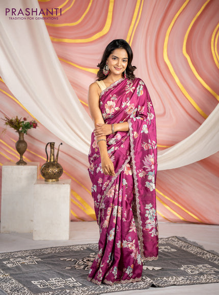 Semi tussar saree dark magenta with allover floral prints & mirror sequin work and mirror work border