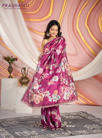 Semi tussar saree dark magenta with allover floral prints & mirror sequin work and mirror work border
