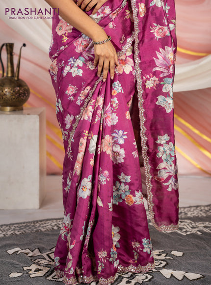 Semi tussar saree dark magenta with allover floral prints & mirror sequin work and mirror work border