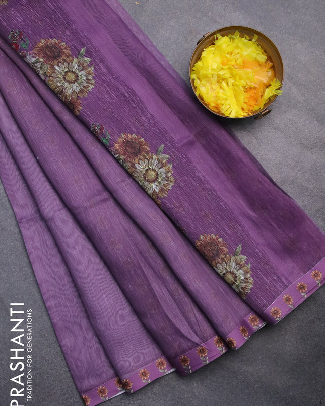 Linen cotton saree pastel purple with plain body and floral prints & jute finish pallu