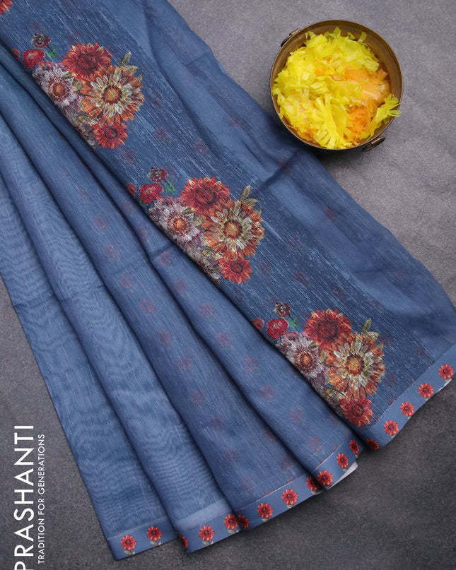 Linen cotton saree bluish grey with plain body and floral prints & jute finish pallu