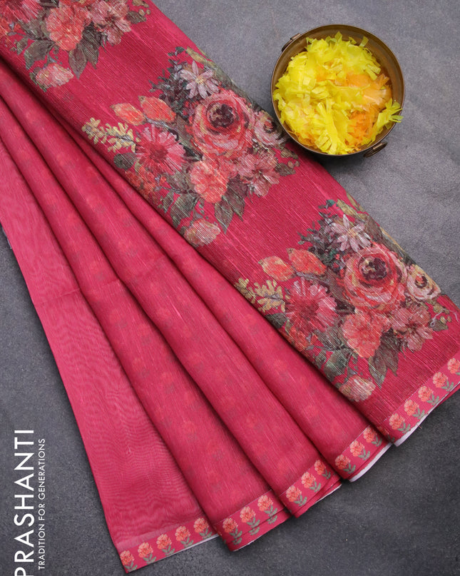 Linen cotton saree pink shade with plain body and floral prints & jute finish pallu