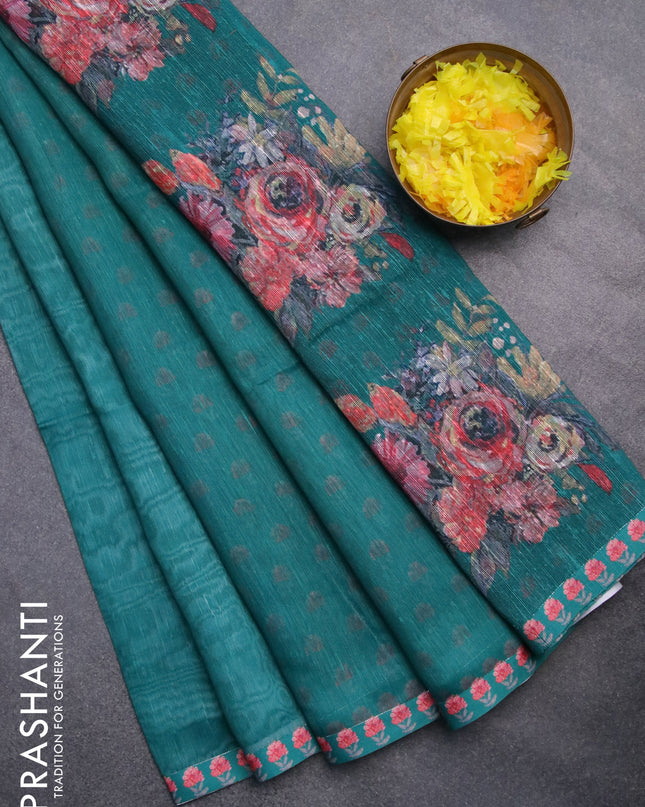 Linen cotton saree teal green with plain body and floral prints & jute finish pallu