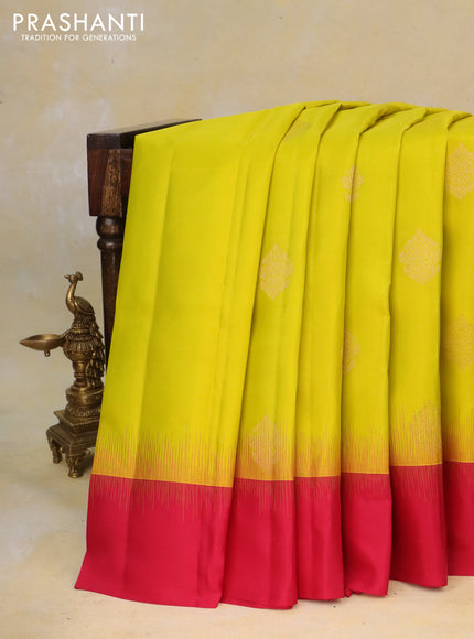 Pure kanchipuram silk saree yellow and dark pink with zari woven buttas and simple border