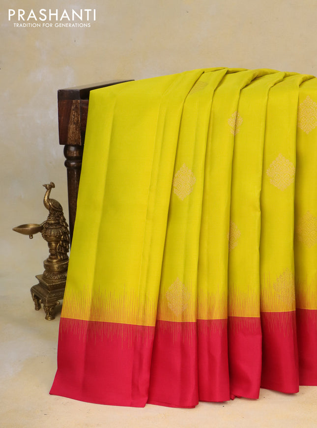 Pure kanchipuram silk saree yellow and dark pink with zari woven buttas and simple border