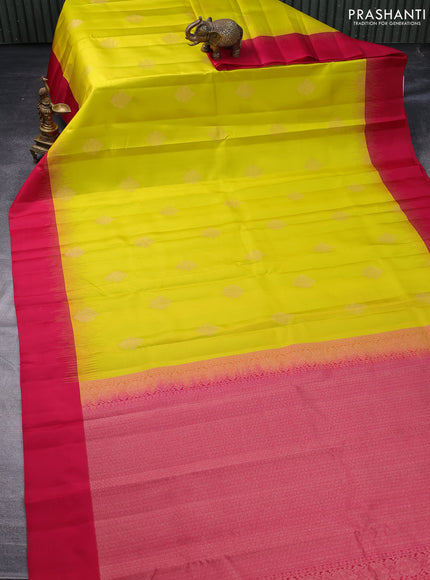 Pure kanchipuram silk saree yellow and dark pink with zari woven buttas and simple border