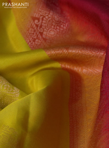 Pure kanchipuram silk saree yellow and dark pink with zari woven buttas and simple border