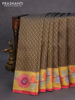 Pure kanchipuram silk saree elephant grey and mustard shade with allover zari woven brocade weaves and kalamkari printed pallu & border