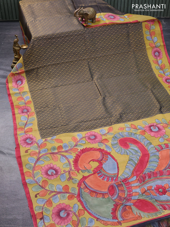 Pure kanchipuram silk saree elephant grey and mustard shade with allover zari woven brocade weaves and kalamkari printed pallu & border